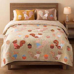 Squirrel Quilt Pattern PDF, Woodland Quilt Pattern, Autumn Quilt Sewing Pattern, Acorn Patchwork Quilt, Digital Download