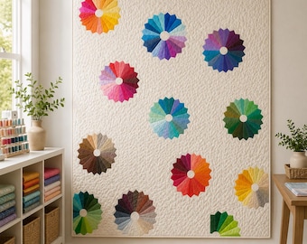 Könnte beinhalten: Ein rechteckiger Quilt mit einem strukturierten cremeweißen Hintergrund und zwölf kreisförmigen, bunten fächerartigen Motiven, die verstreut angeordnet sind. Jedes kreisförmige Motiv zeigt einen Farbverlauf in Rot, Gelb, Blau, Grün und Braun.