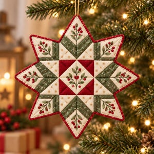May include: A quilted star-shaped Christmas ornament featuring a patchwork design in red, cream, and dark green. The fabric displays printed patterns of holly berries and leaves, with a red border and a gold hanging loop at the top point.