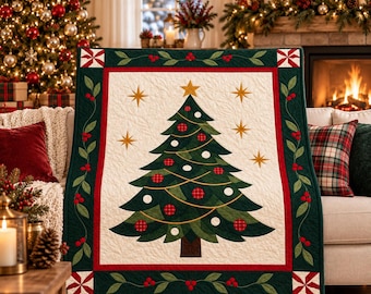Könnte beinhalten: Eine rechteckige Steppdecke mit einem zentralen grünen Weihnachtsbaum, der mit rot karierten und weißen runden Ornamenten geschmückt ist und von einem goldenen Stern gekrönt wird. Die cremefarbene Mitte ist von einem roten und einem dunkelgrünen Rand mit Stechpalmenmotiven umgeben.