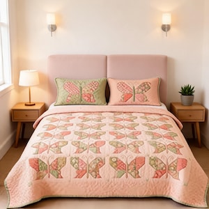 Puede incluir: Una colcha acolchada con un patrón repetitivo de mariposas en tonos melocotón, verde salvia y crema. El conjunto incluye dos fundas de almohada rectangulares, una en verde salvia y otra en melocotón, ambas con un motivo central de mariposa.