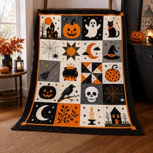 May include: A rectangular quilt featuring a grid of twenty squares with Halloween-themed illustrations including pumpkins, a ghost, a black cat, a witch hat, a cauldron, a skull, a raven, a spider web, a broom, a candle, and haunted houses.