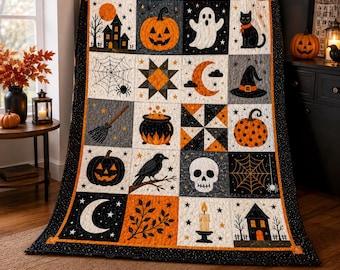 Könnte beinhalten: Ein rechteckiger Quilt mit einem Raster aus zwanzig Quadraten, die Halloween-Motive wie Kürbisse, ein Gespenst, eine schwarze Katze, einen Hexenhut, einen Kessel, einen Totenkopf, einen Raben, ein Spinnennetz, einen Besen und eine Kerze zeigen.