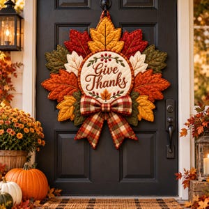 Può includere: Una decorazione da porta in tessuto trapuntato con un centro circolare recante la scritta Give Thanks, circondata da una ghirlanda di foglie in tessuto nei toni del rosso, arancione, giallo e verde, rifinita con un fiocco in tessuto scozzese.