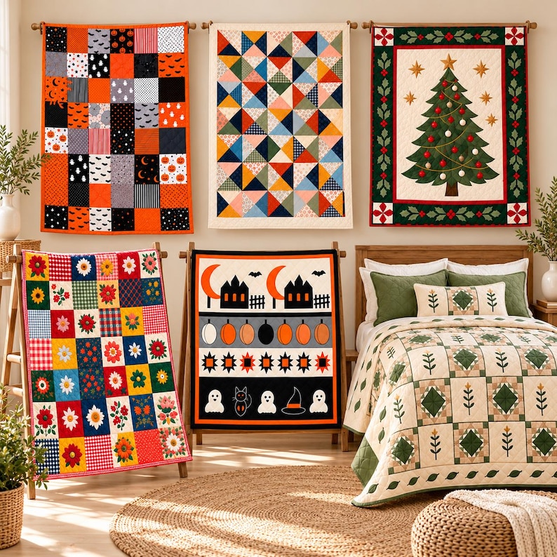 May include: Five decorative quilts and a bedspread are displayed. Three quilts hang on the wall featuring Halloween patterns, geometric triangles, and a Christmas tree. Two quilts stand on racks showing floral squares and Halloween motifs.