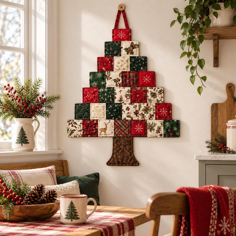 May include: A wall-hanging Christmas tree decoration constructed from quilted fabric squares in red, green, and cream patterns. The tree features a brown fabric trunk and a small wooden button at the top for hanging, displaying various holiday motifs.