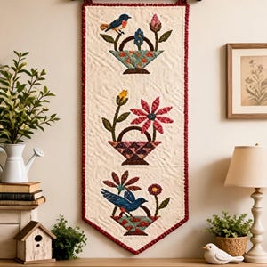 Songbird Baskets Wall Hanging Pattern PDF, Bird Applique Quilt Pattern, Floral Basket Wall Quilt, Patchwork Pattern, Instant Download