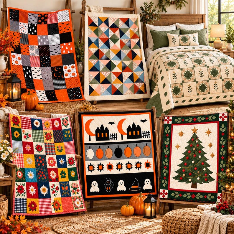 May include: A collection of five decorative quilts featuring various seasonal patterns, including Halloween motifs with pumpkins, ghosts, and haunted houses, a floral grid design, a geometric triangle pattern, and a Christmas tree theme.