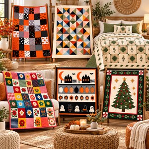 May include: A collection of five quilted blankets featuring various designs including orange and black Halloween patterns, a multi-colored triangle geometric print, a floral grid pattern, a spooky scene with ghosts, and a Christmas tree motif.