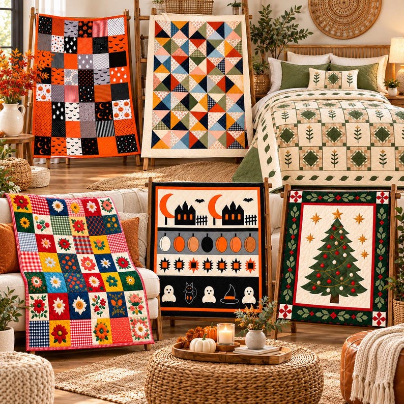 May include: A collection of five quilted blankets featuring various designs including orange and black Halloween patterns, a multi-colored triangle geometric print, a floral grid pattern, a spooky scene with ghosts, and a Christmas tree motif.