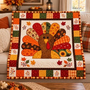 May include: A square quilt featuring a central brown turkey with a red wattle and yellow beak, surrounded by a fan of colourful patterned feathers in shades of orange, red, yellow, and green. The border consists of patchwork squares and autumn leaves.