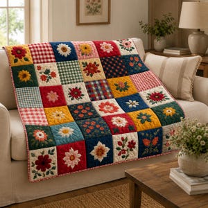 May include: A patchwork quilt featuring a grid of squares with various floral patterns, solid colours, and gingham checks in shades of red, yellow, blue, green, and white. The quilt has a red and white checkered border and visible quilted stitching.