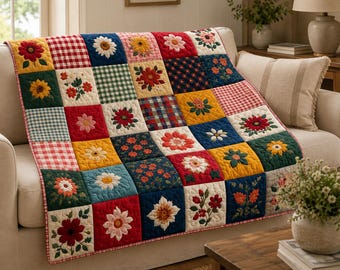 Könnte beinhalten: Eine Patchwork-Decke mit einem Raster aus Quadraten mit verschiedenen Blumenmustern, einfarbigen Flächen und Vichy-Karos in Rot, Gelb, Blau, Grün und Weiß. Die Decke hat eine rot-weiß karierte Bordüre und sichtbare Steppnähte.