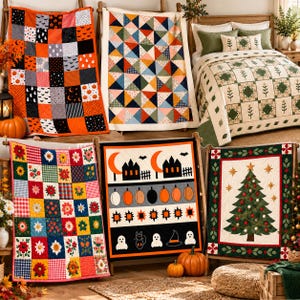 May include: A collection of five quilted blankets featuring various designs including a Halloween patchwork, a colorful triangle pattern, a floral grid, a Halloween scene with ghosts and pumpkins, and a Christmas tree with holly borders.