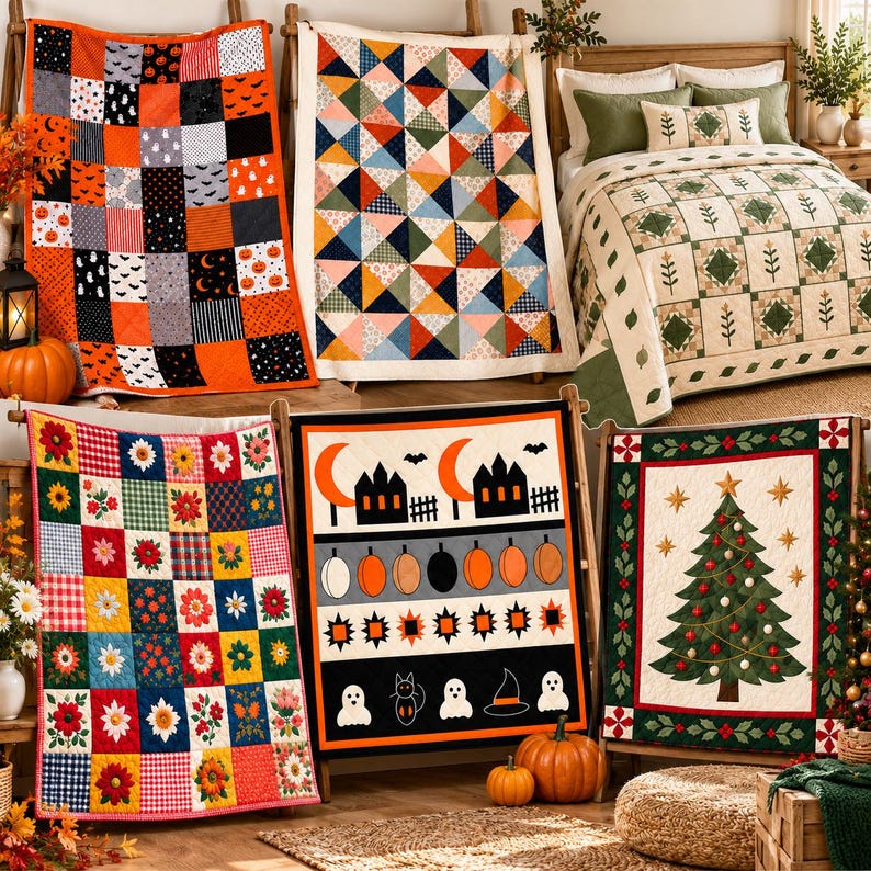 May include: A collection of five quilted blankets featuring various designs including a Halloween patchwork, a colorful triangle pattern, a floral grid, a Halloween scene with ghosts and pumpkins, and a Christmas tree with holly borders.
