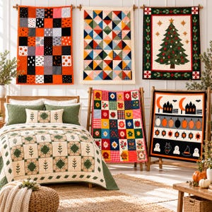 May include: A collection of five quilted blankets featuring various seasonal patterns, including Halloween pumpkins, ghosts, and bats, a Christmas tree, and floral designs. One quilt covers a bed with green pillows, while others hang on walls or stands.