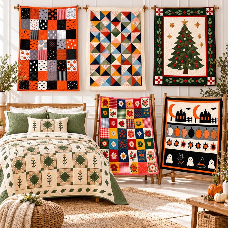 May include: A collection of five quilted blankets featuring various seasonal patterns, including Halloween pumpkins, ghosts, and bats, a Christmas tree, and floral designs. One quilt covers a bed with green pillows, while others hang on walls or stands.