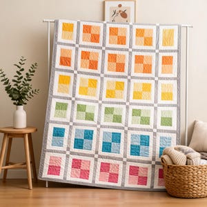 City Blocks Throw Quilt Pattern PDF, Modern Geometric Quilt Pattern, Color Block Patchwork Quilt, Instant Download