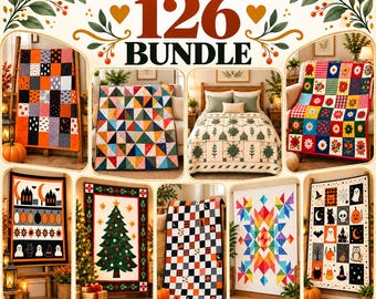 Könnte beinhalten: Eine digitale Sammlung mit dem Titel QUILT PATTERN 126 BUNDLE, die verschiedene Steppdeckenmuster zeigt, darunter Halloween-Motive mit Kürbissen und Geistern, einen Weihnachtsbaum, florale Muster und geometrische Formen.