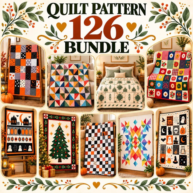 May include: A digital collection titled QUILT PATTERN 126 BUNDLE featuring various quilt designs including Halloween themes with pumpkins and ghosts, a Christmas tree, floral patterns, and geometric shapes in vibrant colors.