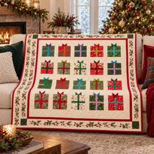 Pode incluir: Uma colcha de cor creme com um padrão repetitivo de vinte caixas de presente quadradas em várias cores festivas e estampas florais. A colcha é emoldurada por uma borda vermelha e um acabamento decorativo de folhas de azevinho e bagas.