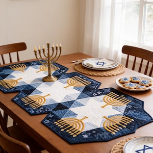 Eight Crazy Nights Table Runner PDF, Hanukkah Table Runner Pdf, Star of David Quilt, Chanukiah Applique, Instant Download