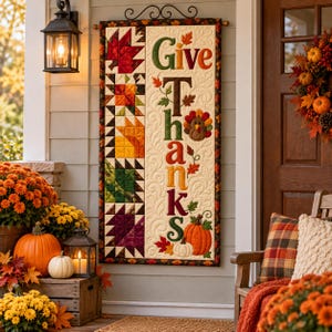 May include: A vertical quilted wall hanging featuring the text Give Thanks in colourful letters, decorated with fabric autumn leaves, a turkey, and pumpkins. The left side displays a column of patchwork leaves in red, orange, yellow, and green.