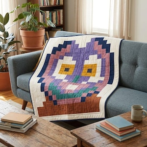 Puede incluir: Una colcha rectangular con un diseño de cara de gato pixelado en tonos morado, blanco, amarillo mostaza, verde azulado y marrón. La colcha tiene un borde azul oscuro y costuras visibles en forma de cuadrícula por toda la superficie.