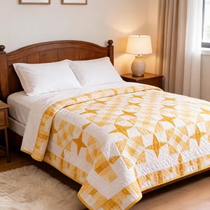 Yellow Star Quilt Pattern PDF | Farmhouse Patchwork Bed Quilt | Beginner Traditional Quilting Pattern | Instant Download|DigitalQuiltPattern