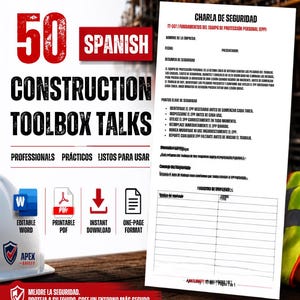 以下が含まれることがあります： 50 Spanish Construction Toolbox Talksというタイトルのデジタル文書。安全ガイドライン、チェックリスト、編集可能なWord、印刷可能なPDF、即時ダウンロード、1ページ形式のアイコンが含まれています。Apex Safetyのロゴが表示されています。