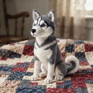 Peut inclure: Une peluche crochetée représentant un chien husky. La figurine présente un coloris gris et blanc, des oreilles pointues, un nez noir et des yeux bleu vif. Elle est représentée en position assise avec la queue recourbée sur le côté.