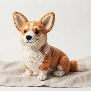 May include: A crocheted Corgi dog toy featuring a tan and white yarn pattern. The plush figure has large pointed ears, a black stitched nose, and black eyes. The body is crafted with a dense, textured stitch, showcasing a white chest and face.