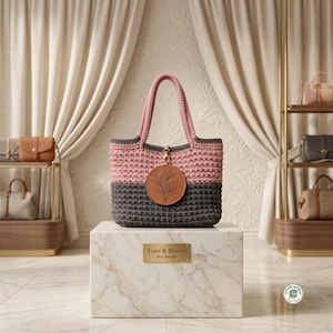 Pode incluir: Uma bolsa tote de crochê bicolor com uma seção superior rosa empoeirado e uma seção inferior cinza carvão escuro. Uma etiqueta redonda de couro castanho claro com uma ilustração floral de linhas pretas pende do centro. A bolsa tem duas alças.