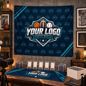 May include: A large dark blue wall tapestry and a matching desk mat featuring a central sports logo with a basketball, football, and baseball, along with the text "YOUR LOGO SPORTS BREAKS". The design includes teal accents and a repeating pattern.