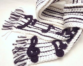 PATTERN Crochet Music Note Scarf Reversible Piano Scarf  Bass Clef and Treble Clef