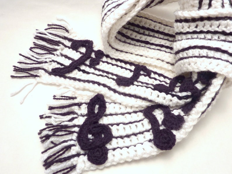 PATTERN Crochet Music Note Scarf Reversible Piano Scarf Bass Clef and Treble Clef image 1