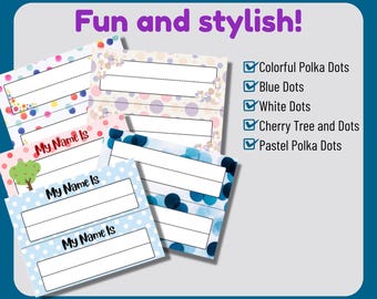 Printable Polka Dot Name Tags for Kids, Classroom Desk Labels (5 Pack)