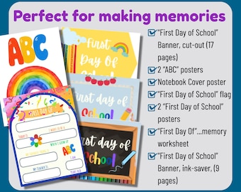 First Day of School Banner and Poster Set, Rainbow Printable Kit for Preschool