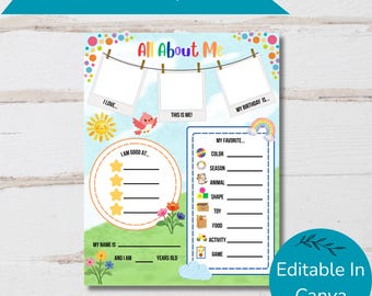 All About Me Editable Worksheet for Kids, Fun Printable Activity for School