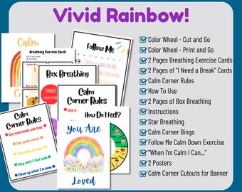 Rainbow Calm Down Corner Kit, Printable Breathing Cards and Feelings Wheel