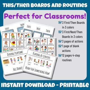 May include: A set of printable classroom visual aids including First/Then and First/Next/Then boards, action cards, and 4-step routine sheets. The text includes 'THIS/THEN BOARDS AND ROUTINES', 'Perfect for Classrooms!', and various activity labels.