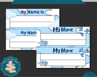Printable Blue Cloud Theme Name Tags for Kids' Desks, Prek or Elementary School