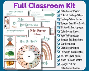 Editable Calm Down Corner Kit, Feelings Wheel and Breathing Cards for Kids