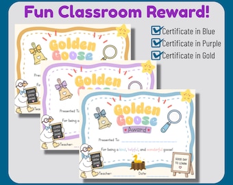Printable Classroom Award Certificate, Golden Goose Reward in Blue, Purple & Gold