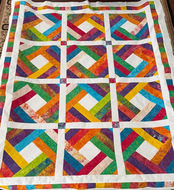 Tropical Batik Log Cabin Quilt | Colorful Modern | Bright Patchwork | Tropical Home Decor