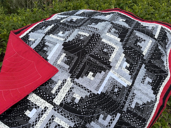 Modern Black & White Quilt | Contemporary Baby | 45x45 Throw | Graphic Patchwork | Red Accent | Wall Hanging