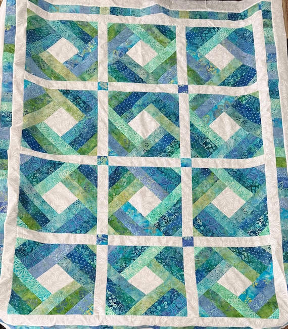 Coastal Batik Log Cabin Quilt | Blue & Green Throw | Ocean-Inspired | Modern Coastal Decor