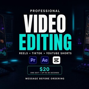 May include: A digital graphic advertisement for professional video editing services featuring the text PROFESSIONAL VIDEO EDITING, REELS, TIKTOK, YOUTUBE SHORTS, and software icons for Premiere Pro, After Effects, and CapCut on a dark background.