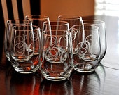 Etched Stemless Wine Glasses Monogrammed Host Hostess Gift (set of 8) AS SEEN ON Live with Kelly & Michael