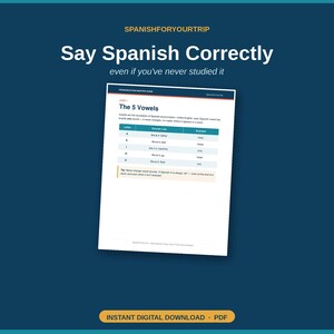 May include: A digital educational guide titled Say Spanish Correctly, featuring a Pronunciation Master Guide page. The document outlines the 5 Spanish vowels with phonetic sounds and examples, presented in a clean layout with blue and white text.